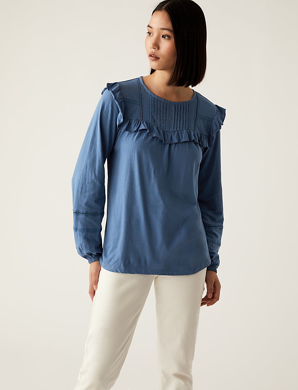 Pure Cotton Pintuck Long Sleeve Top