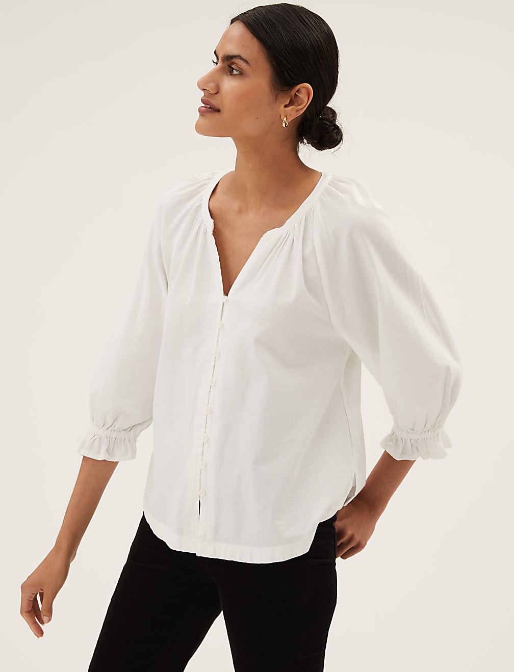 Pure Cotton V-Neck 3/4 Sleeve Blouse