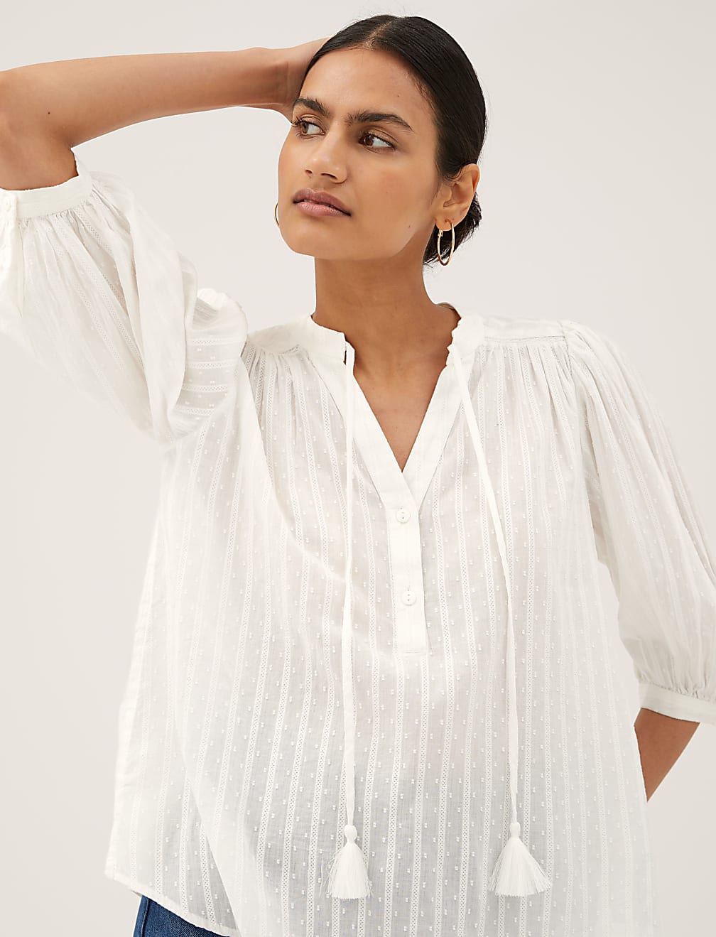 Pure Cotton V-Neck 3/4 Sleeve Blouse