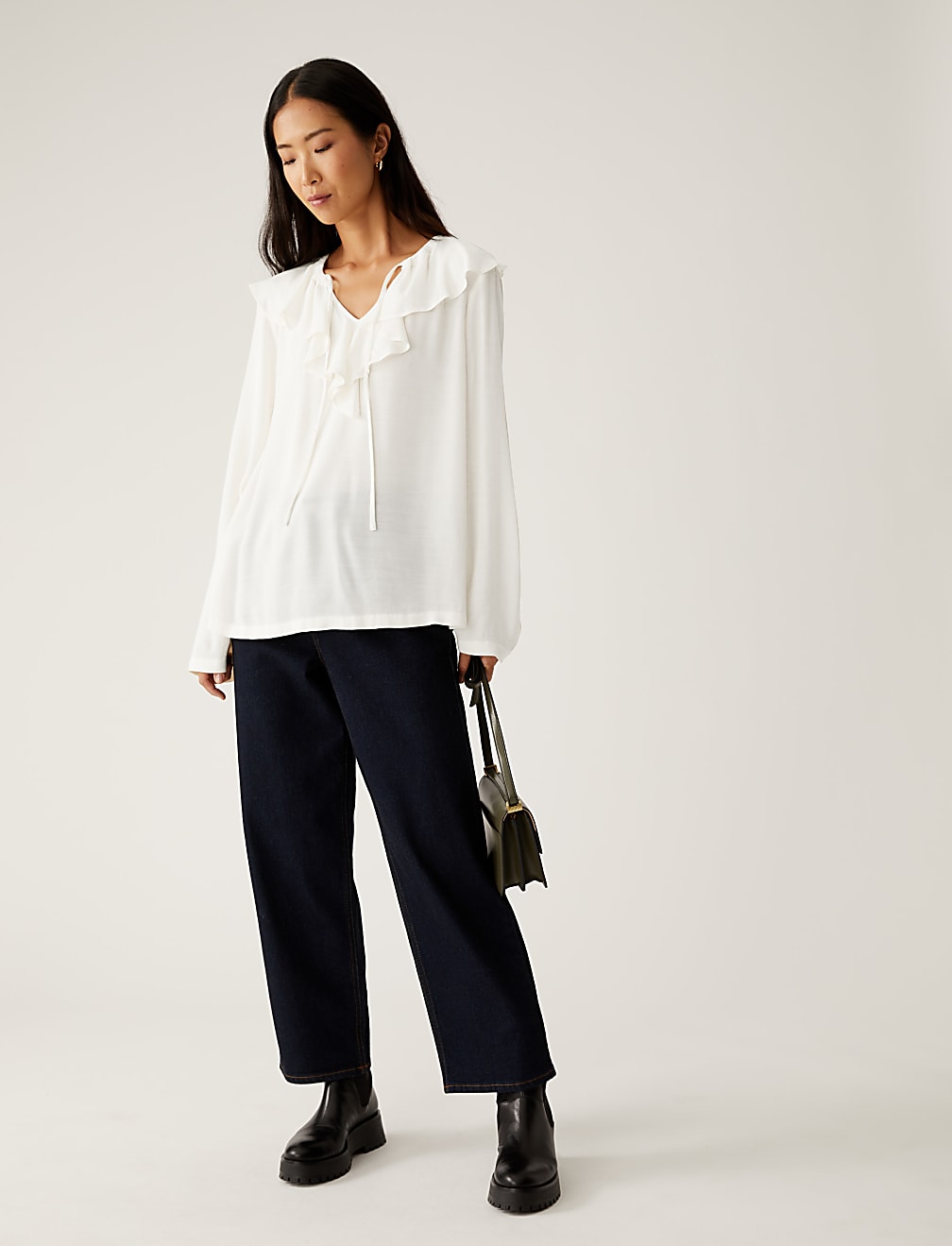 Tie Neck Ruffle Long Sleeve Blouse