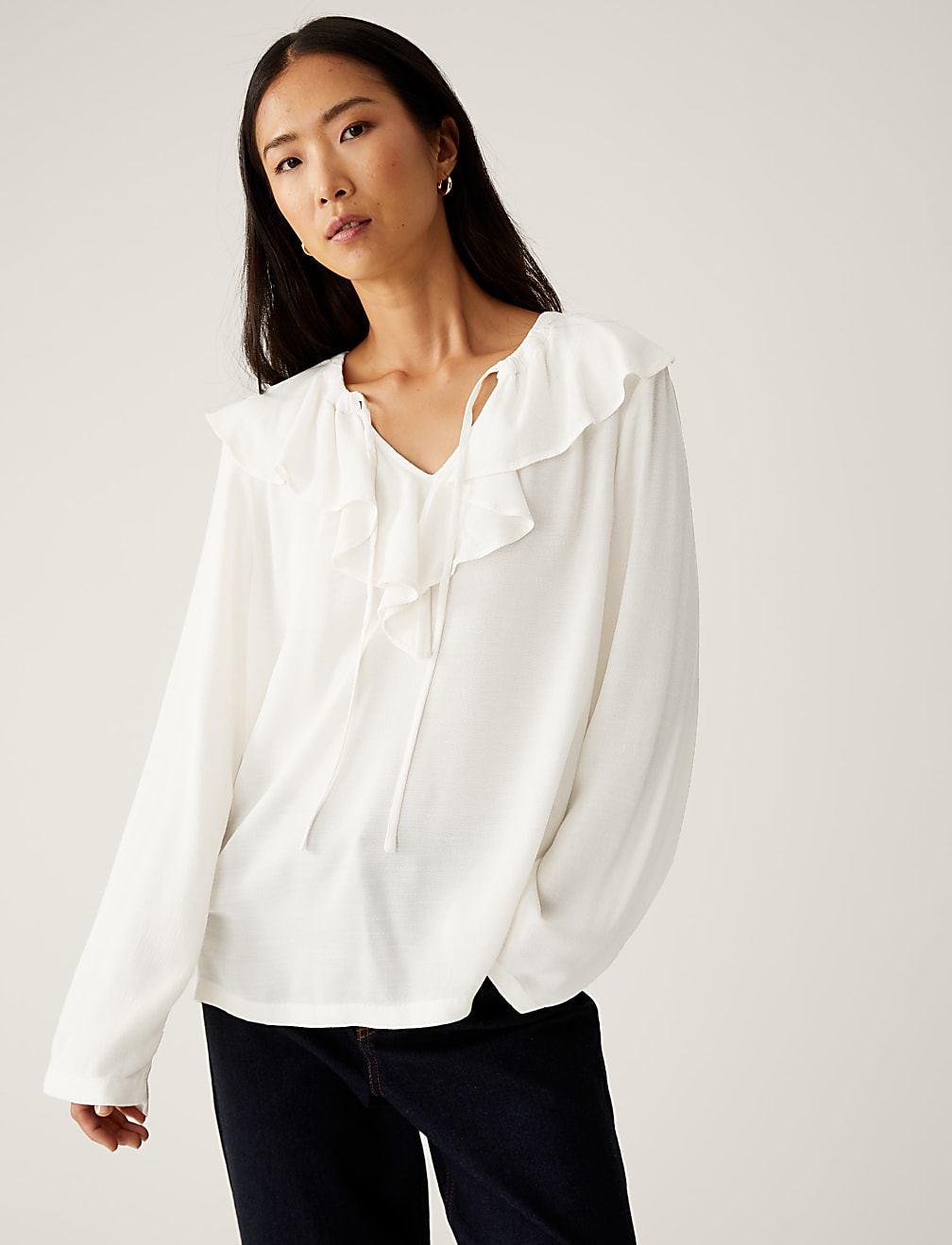 Tie Neck Ruffle Long Sleeve Blouse