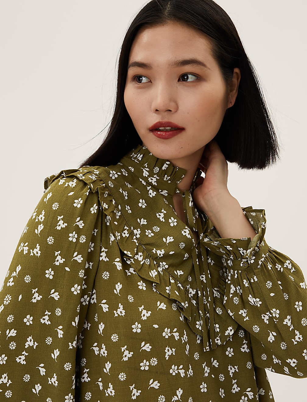 Printed Tie Neck Long Sleeve Popover Blouse