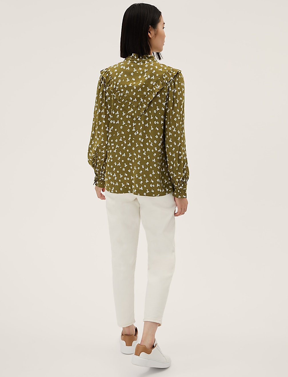 Printed Tie Neck Long Sleeve Popover Blouse