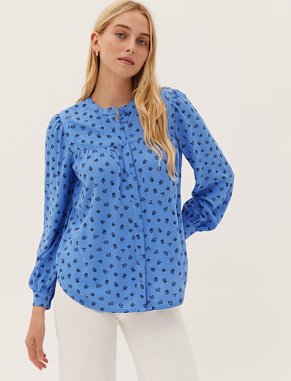 Printed Collarless Long Sleeve Blouse