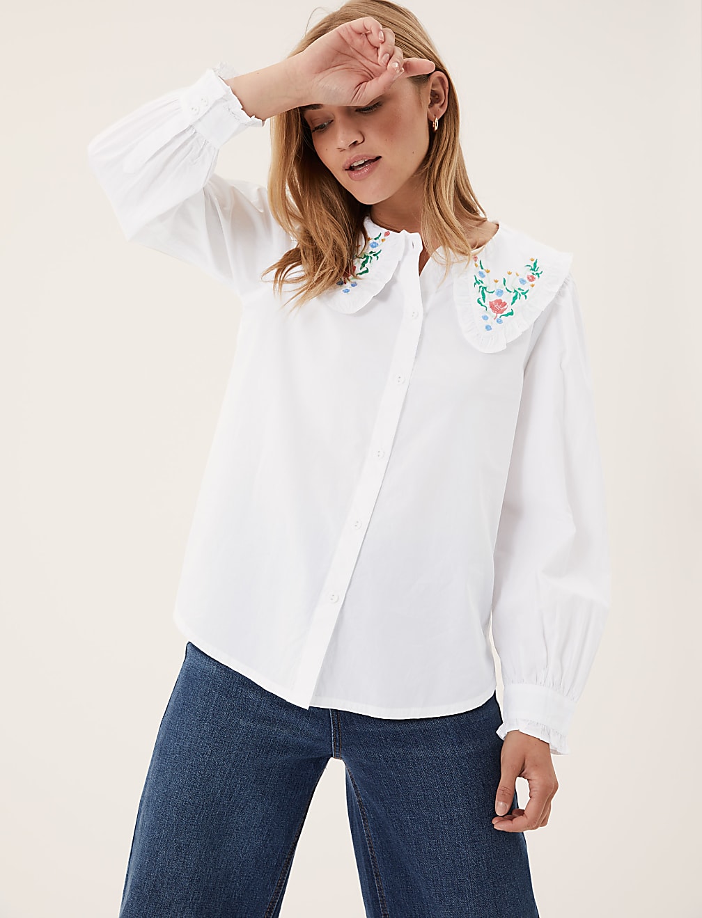 Pure Cotton Embroidered Long Sleeve Blouse