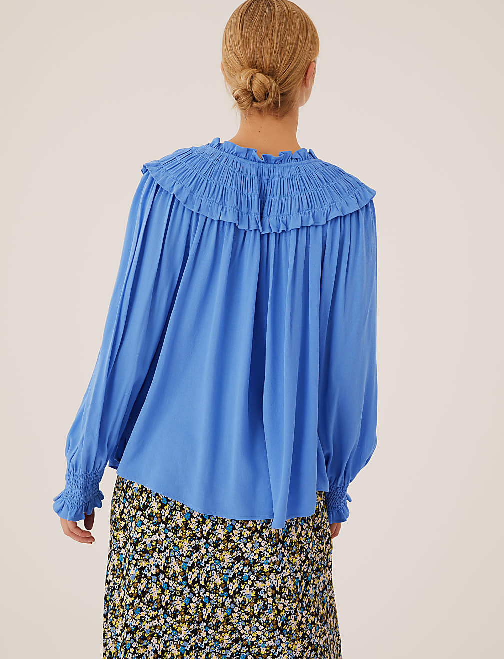 Tie Neck Smocked Long Sleeve Blouse