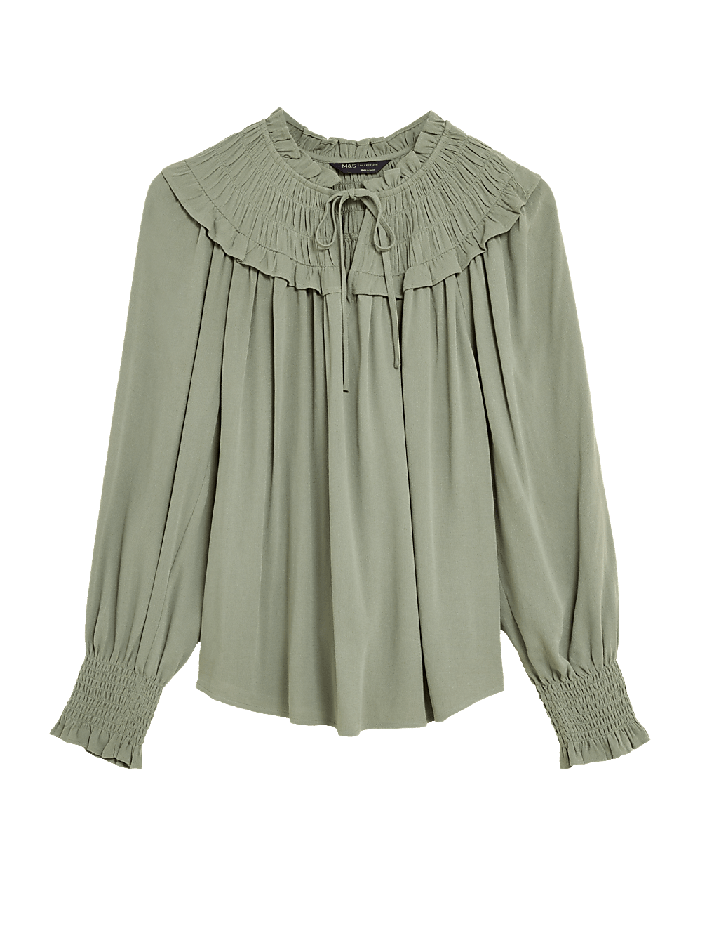 Tie Neck Smocked Long Sleeve Blouse