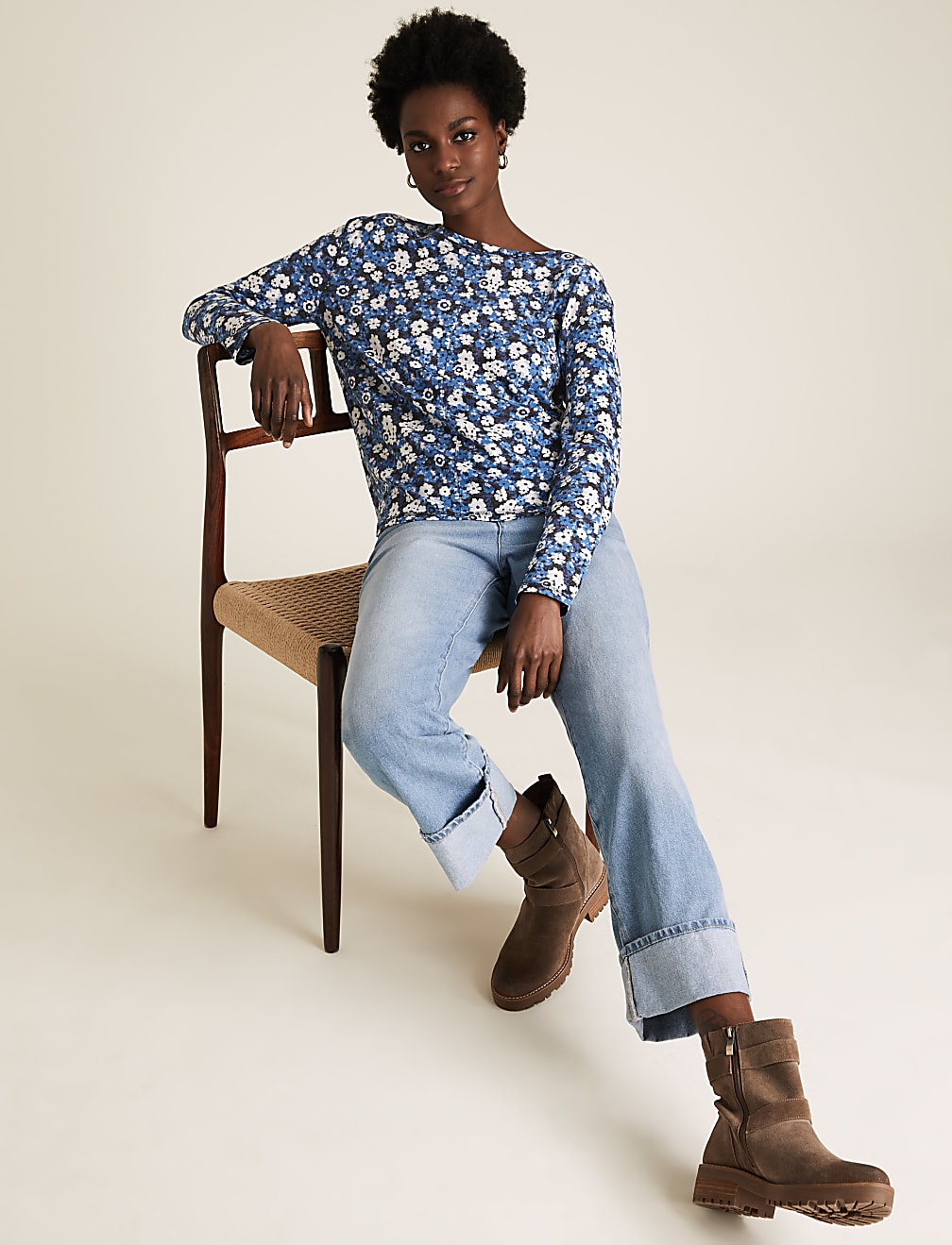 Linen Floral Straight Fit Long Sleeve Top