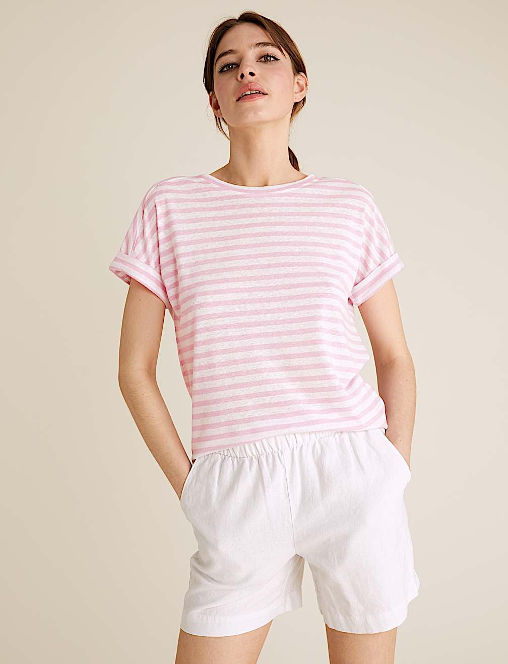 Linen Striped Crew Neck T-Shirt