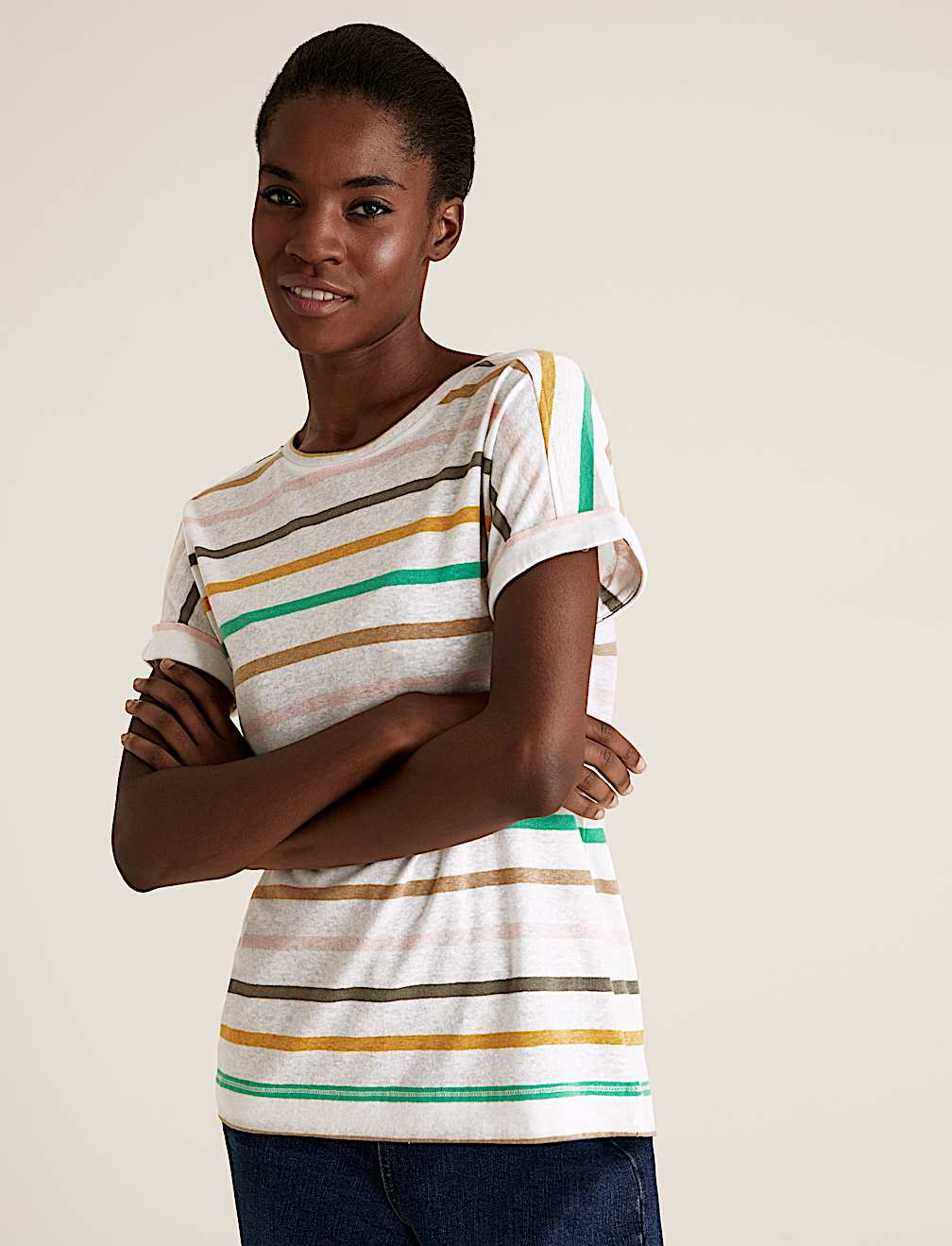 Linen Striped Crew Neck T-Shirt