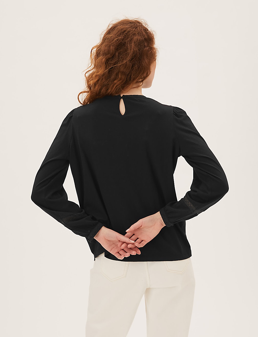 Pure Cotton Lace Insert Long Sleeve Top