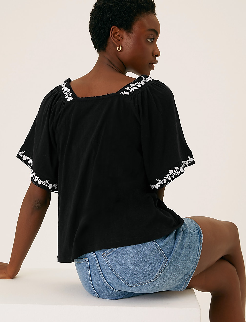 Pure Cotton Embroidered Square Neck Top
