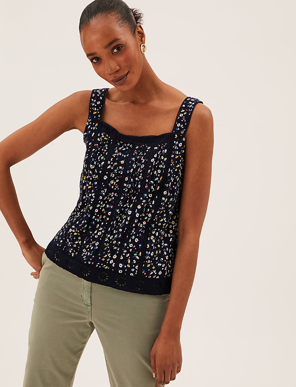 Pure Cotton Floral Square Neck Cami Top