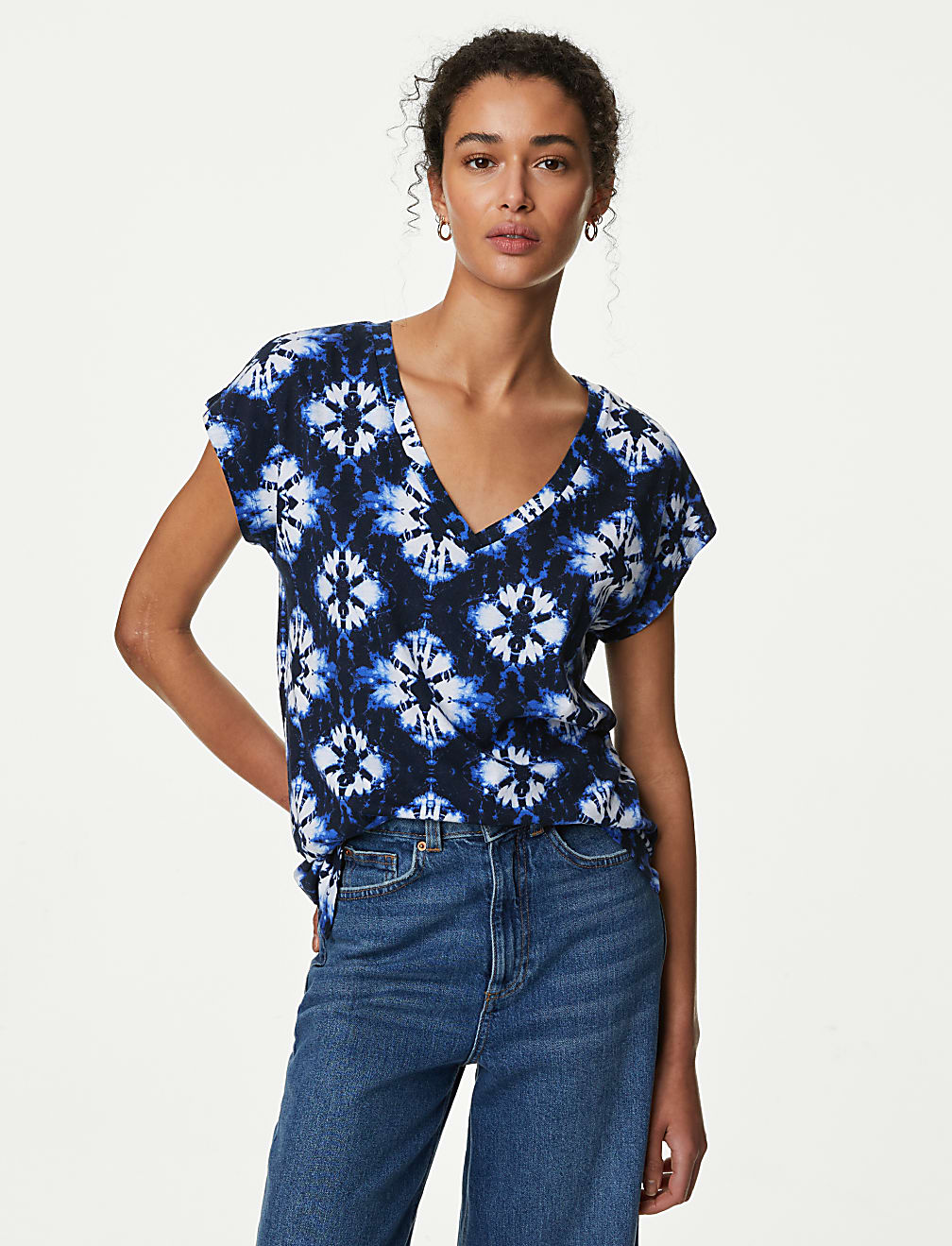 Cotton Rich V-Neck Printed Longline T-Shirt