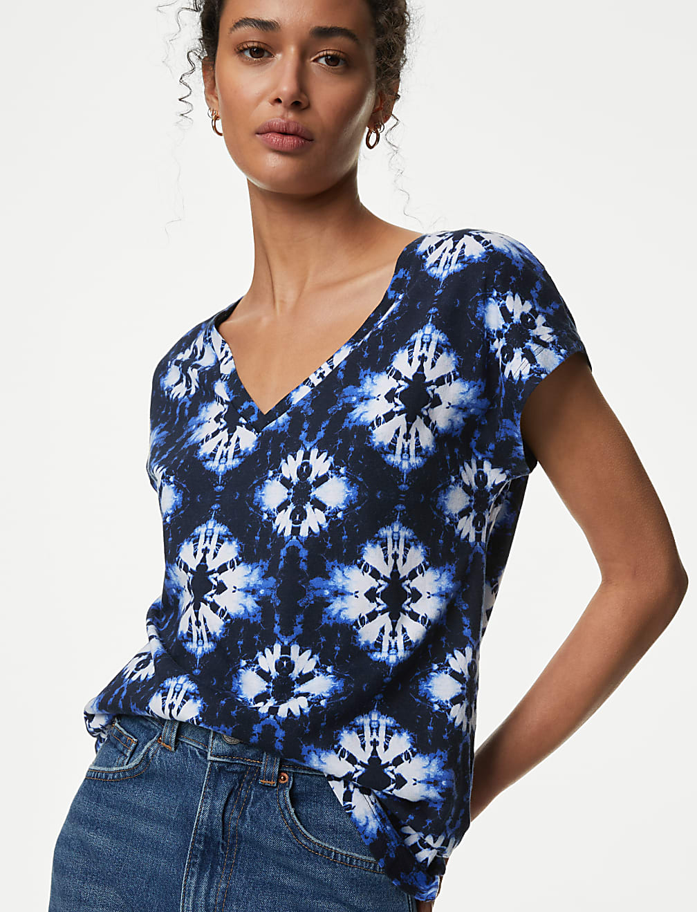 Cotton Rich V-Neck Printed Longline T-Shirt