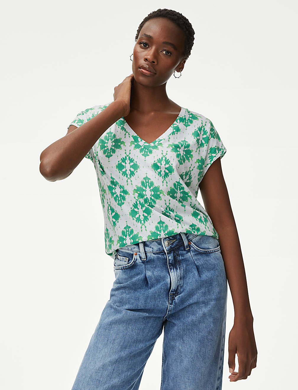 Cotton Rich V-Neck Printed Longline T-Shirt