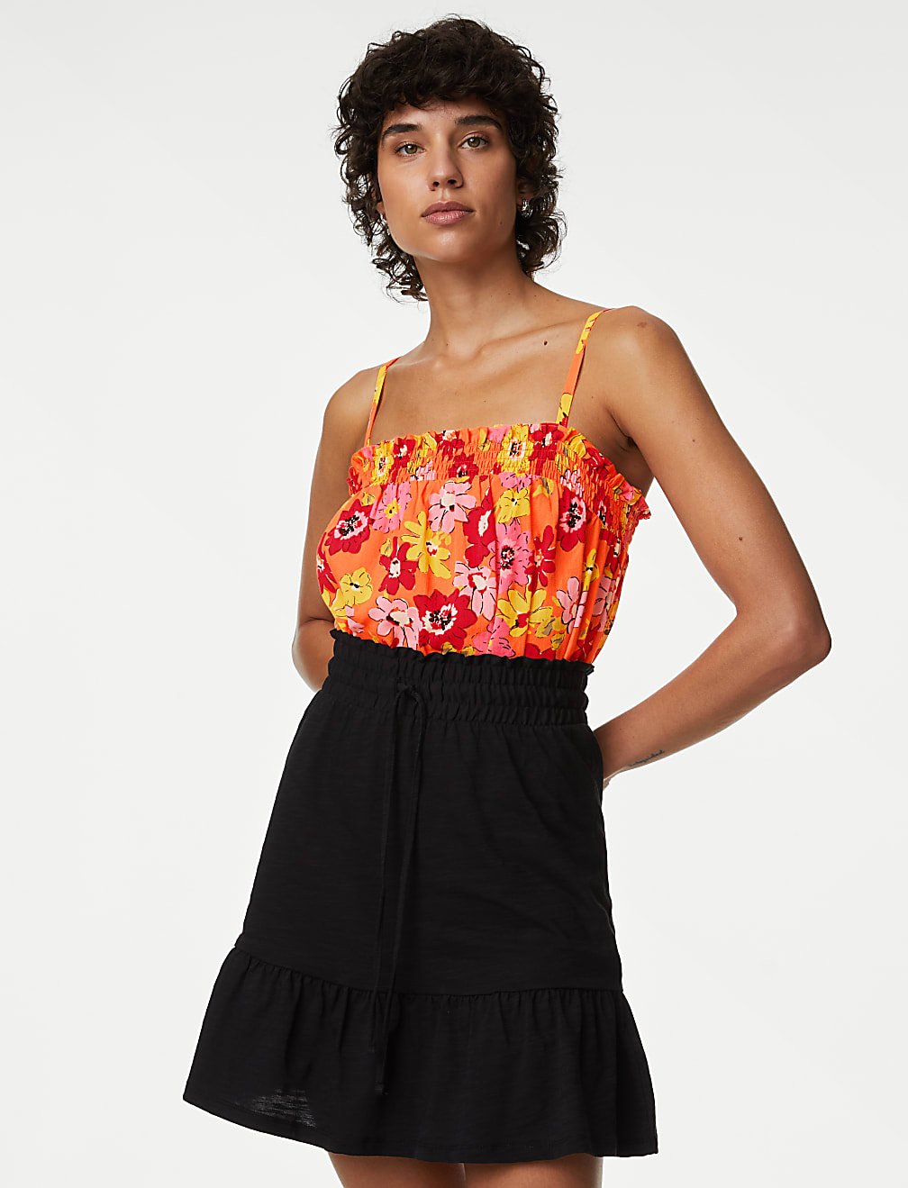 Pure Cotton Printed Smocked Detail Cami Top