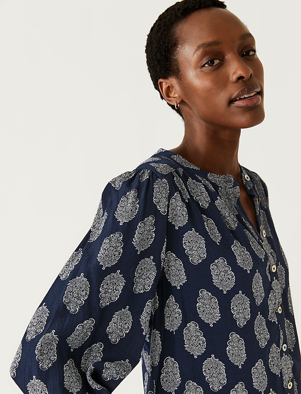 Printed Crew Neck Button Through Blouse