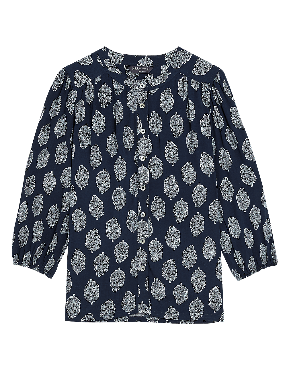 Printed Crew Neck Button Through Blouse