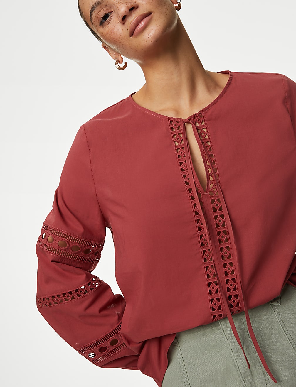 Pure Cotton Broderie Tie Neck Blouse
