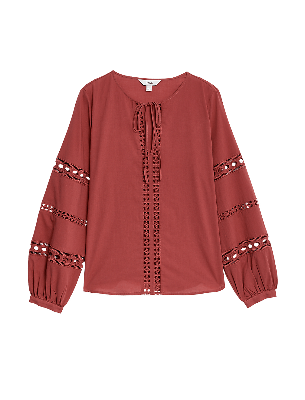 Pure Cotton Broderie Tie Neck Blouse