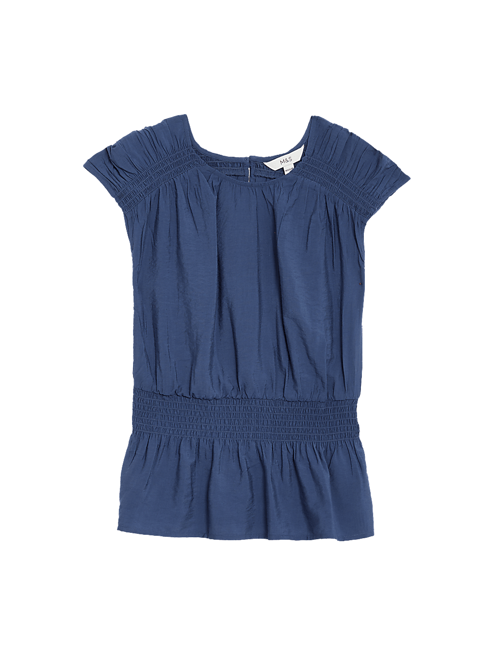 Crew Neck Smocked Shirred Detail Blouse