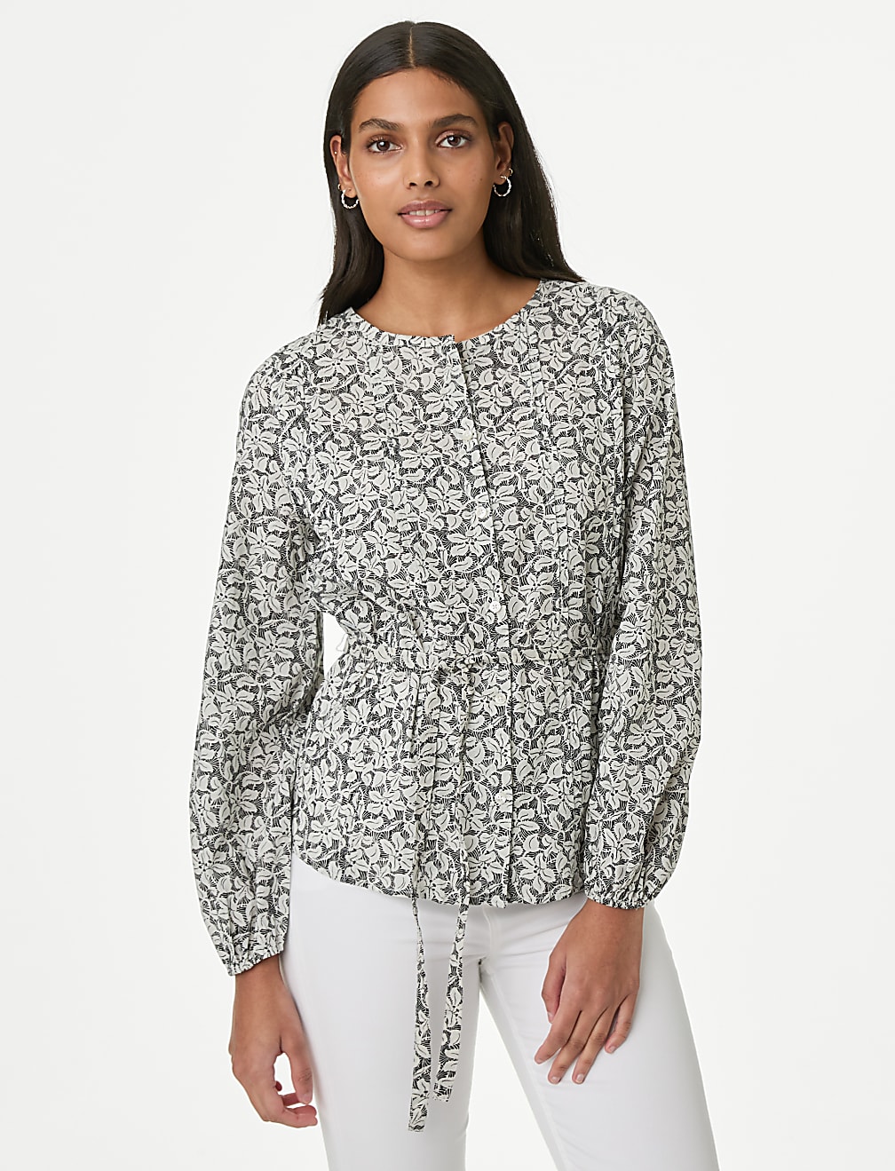 Pure Cotton Printed Crew Neck Tie Front Blouse