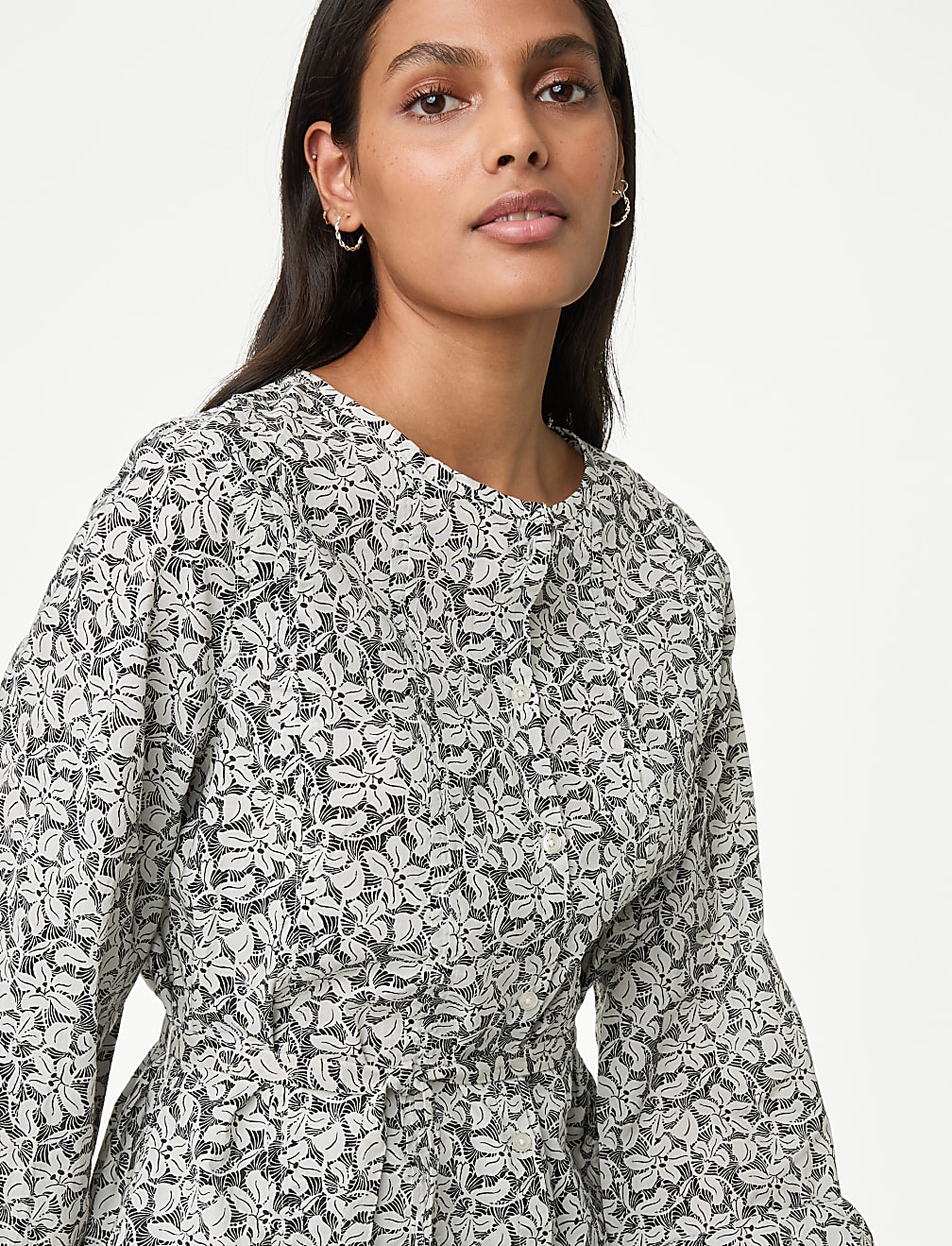 Pure Cotton Printed Crew Neck Tie Front Blouse