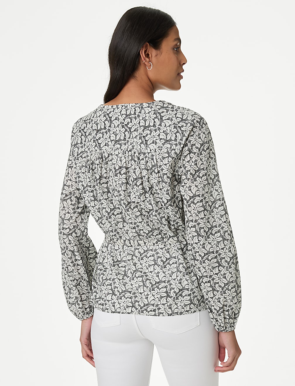 Pure Cotton Printed Crew Neck Tie Front Blouse