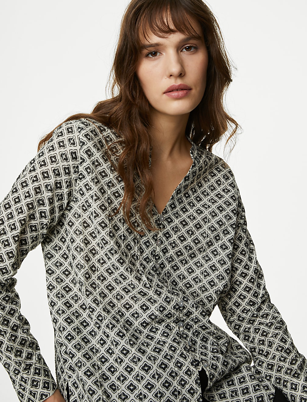 Pure Cotton Printed Textured V-Neck Shirt