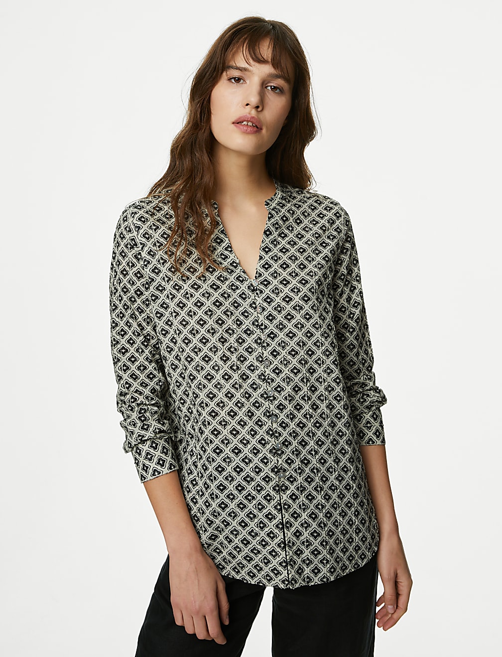 Pure Cotton Printed Textured V-Neck Shirt