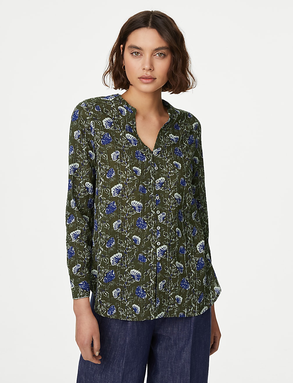 Pure Cotton Printed Textured V-Neck Shirt