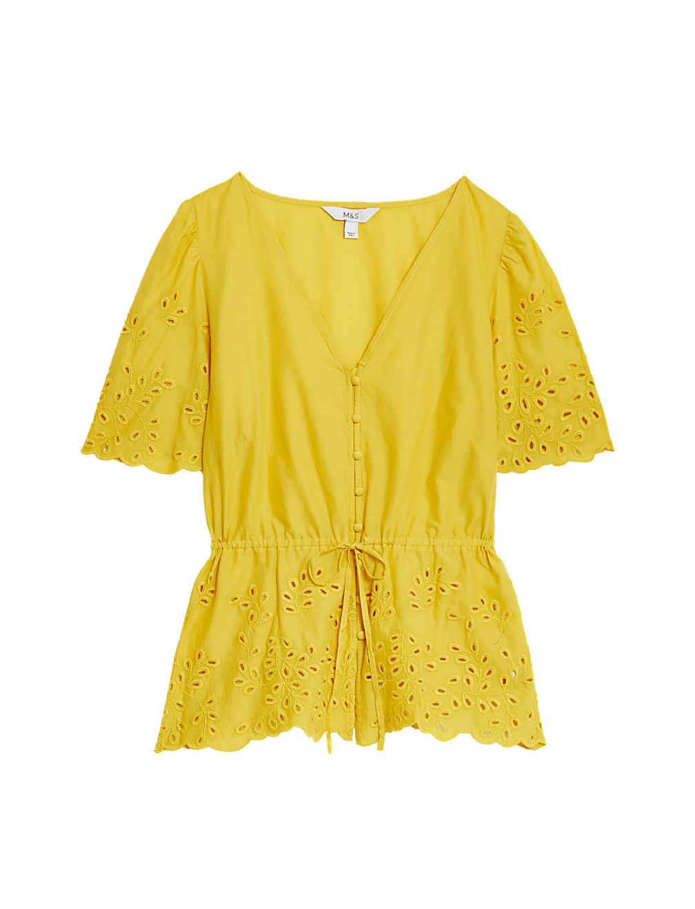 Pure Cotton Broderie V-Neck Tie Front Blouse