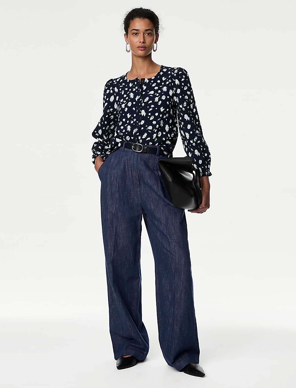 Printed Crew Neck Button Through Blouse