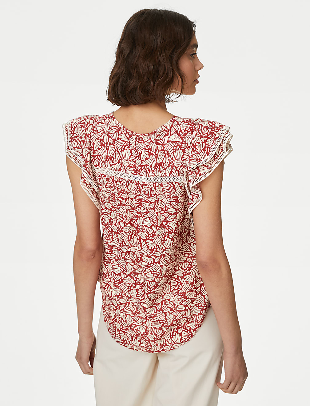 Cotton Blend Printed Tie Neck Blouse