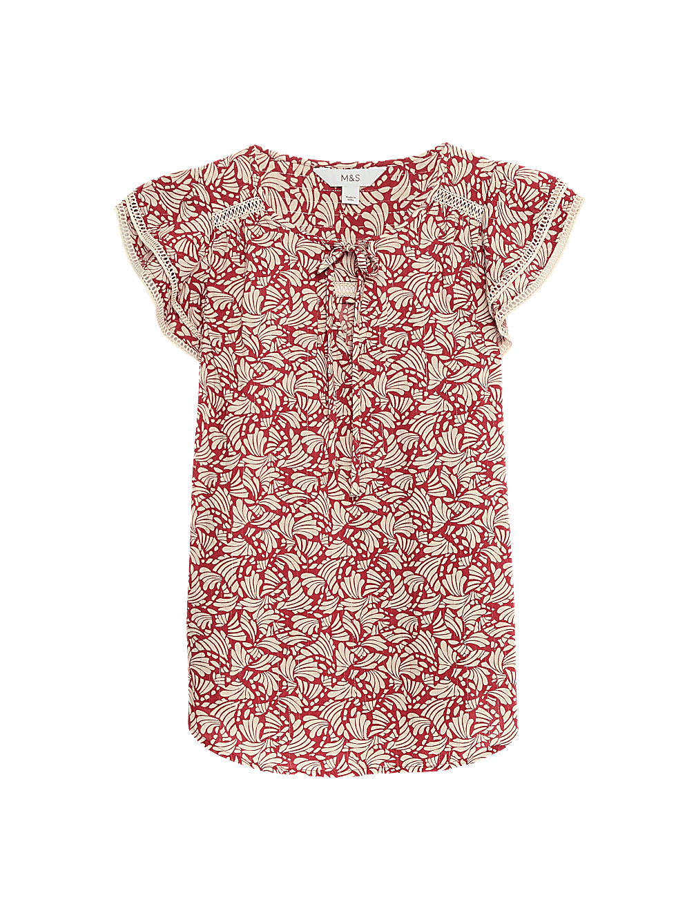 Cotton Blend Printed Tie Neck Blouse