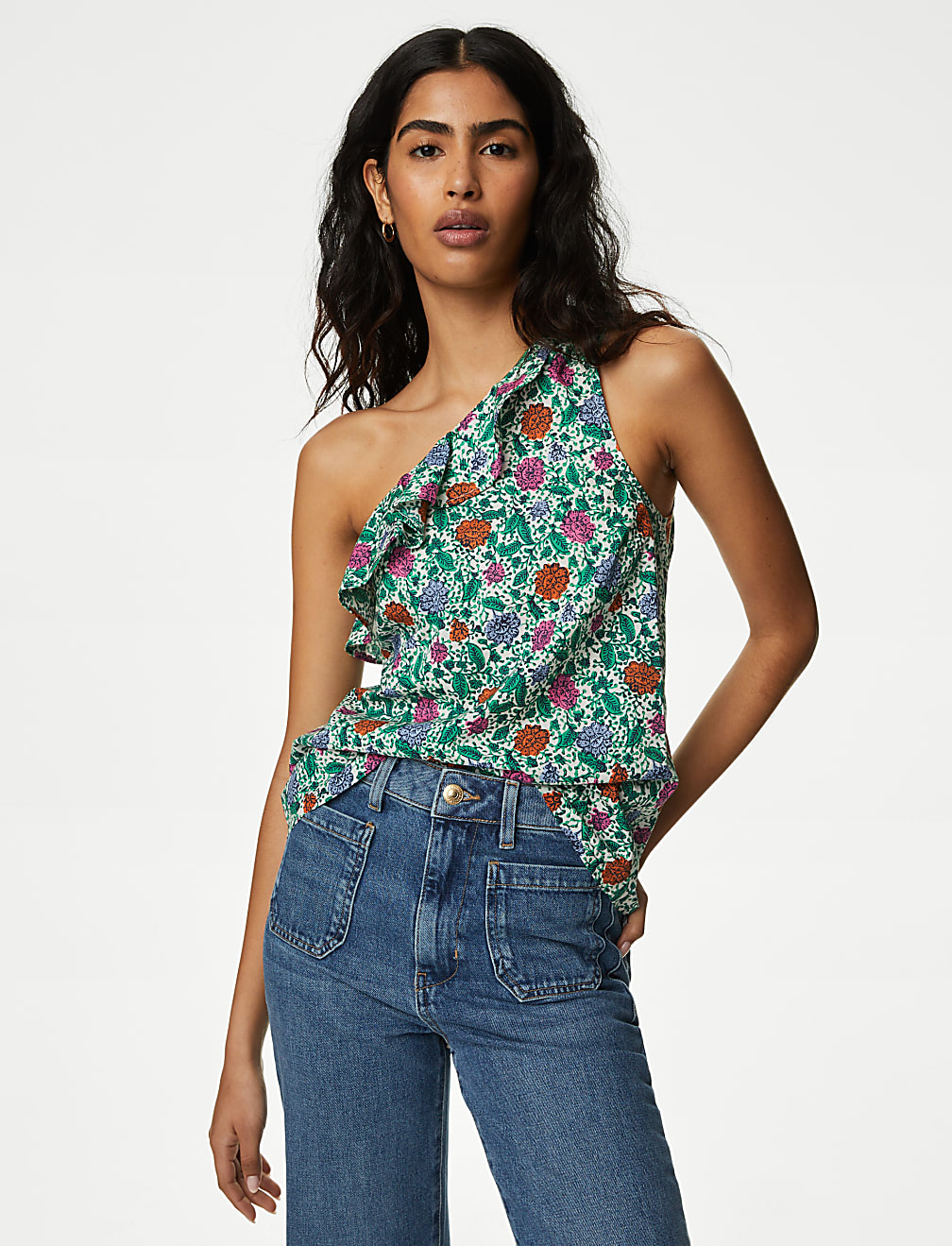 Pure Cotton Frill Detail One Shoulder Top