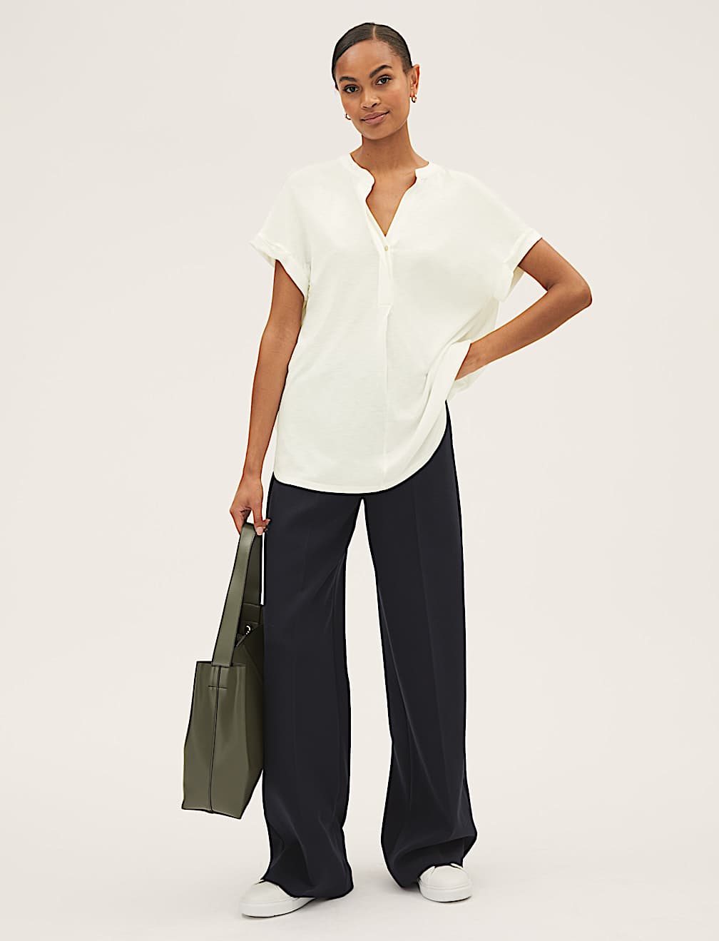 Jersey V-Neck Short Sleeve Popover Blouse