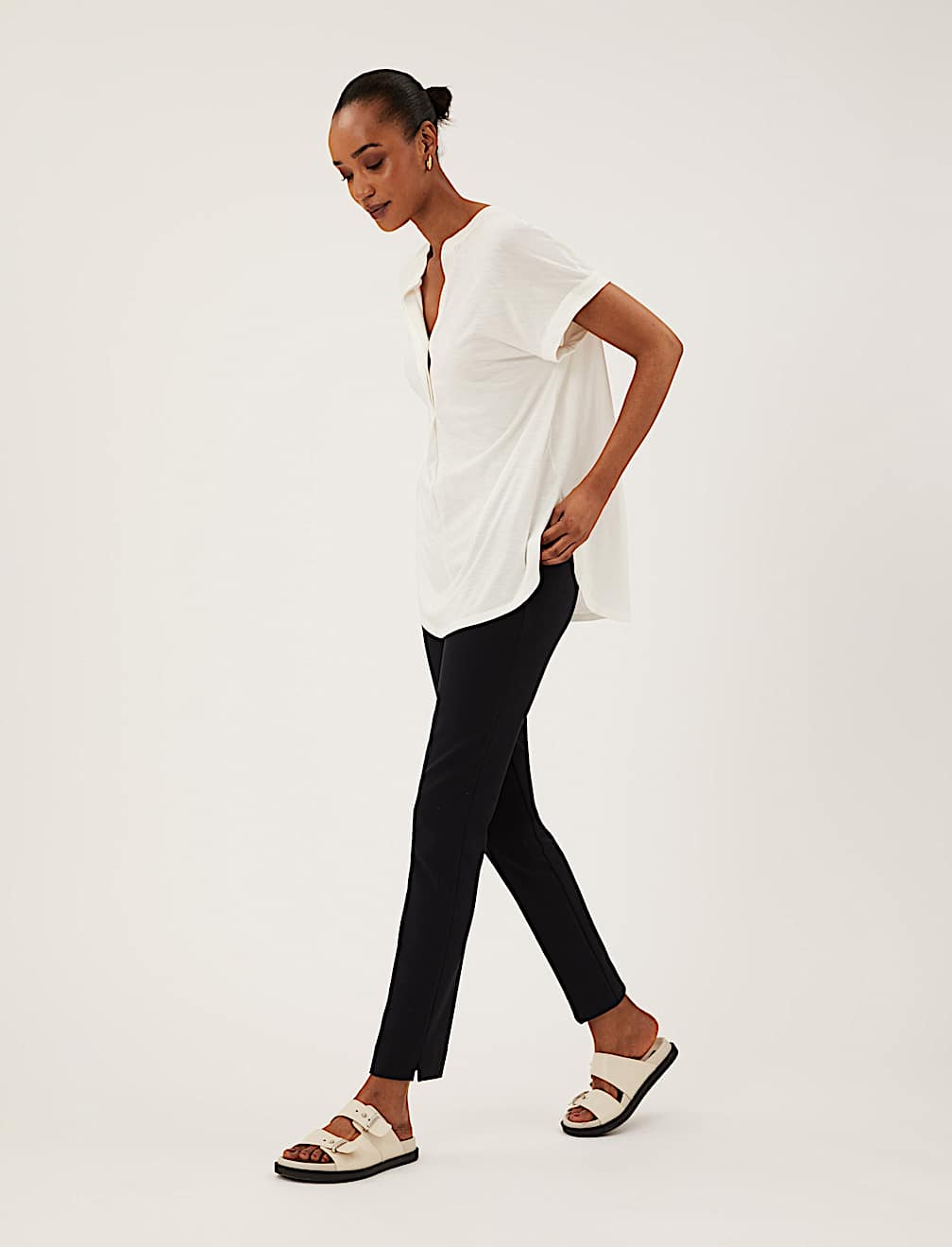 Jersey V-Neck Short Sleeve Popover Blouse