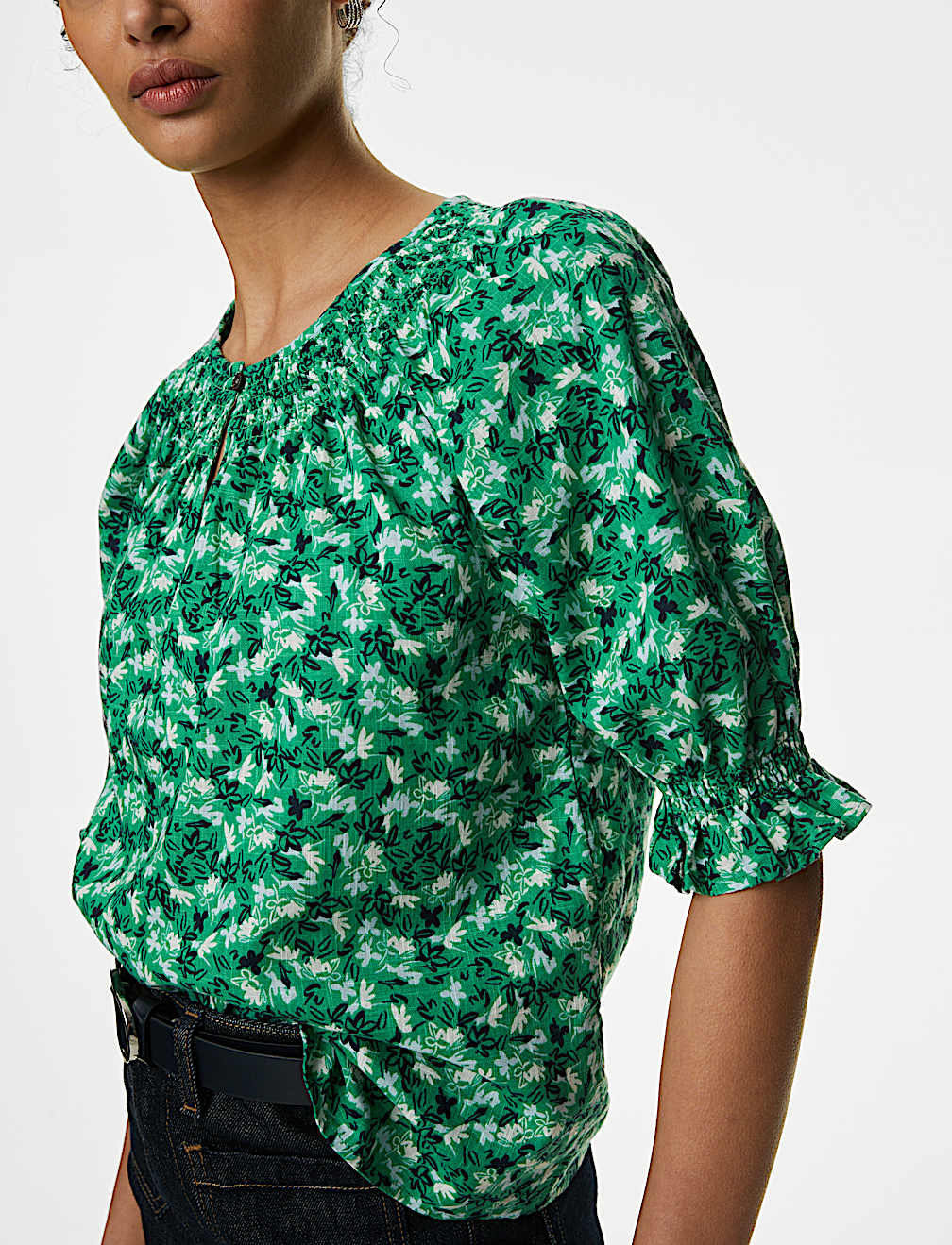 Pure Cotton Printed Shirred Detail Blouse