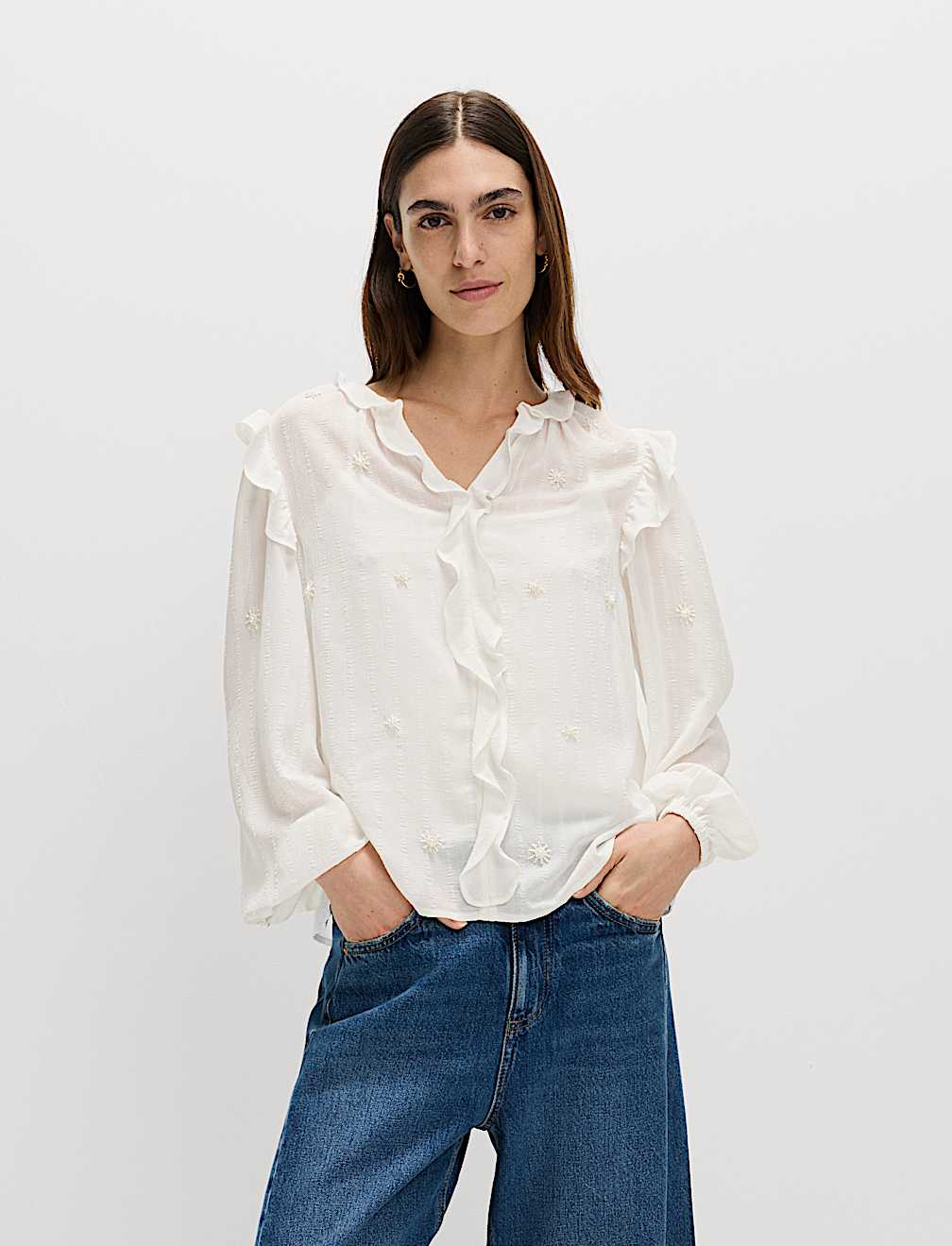 Embellished V-Neck Ruffle Long Sleeve Blouse