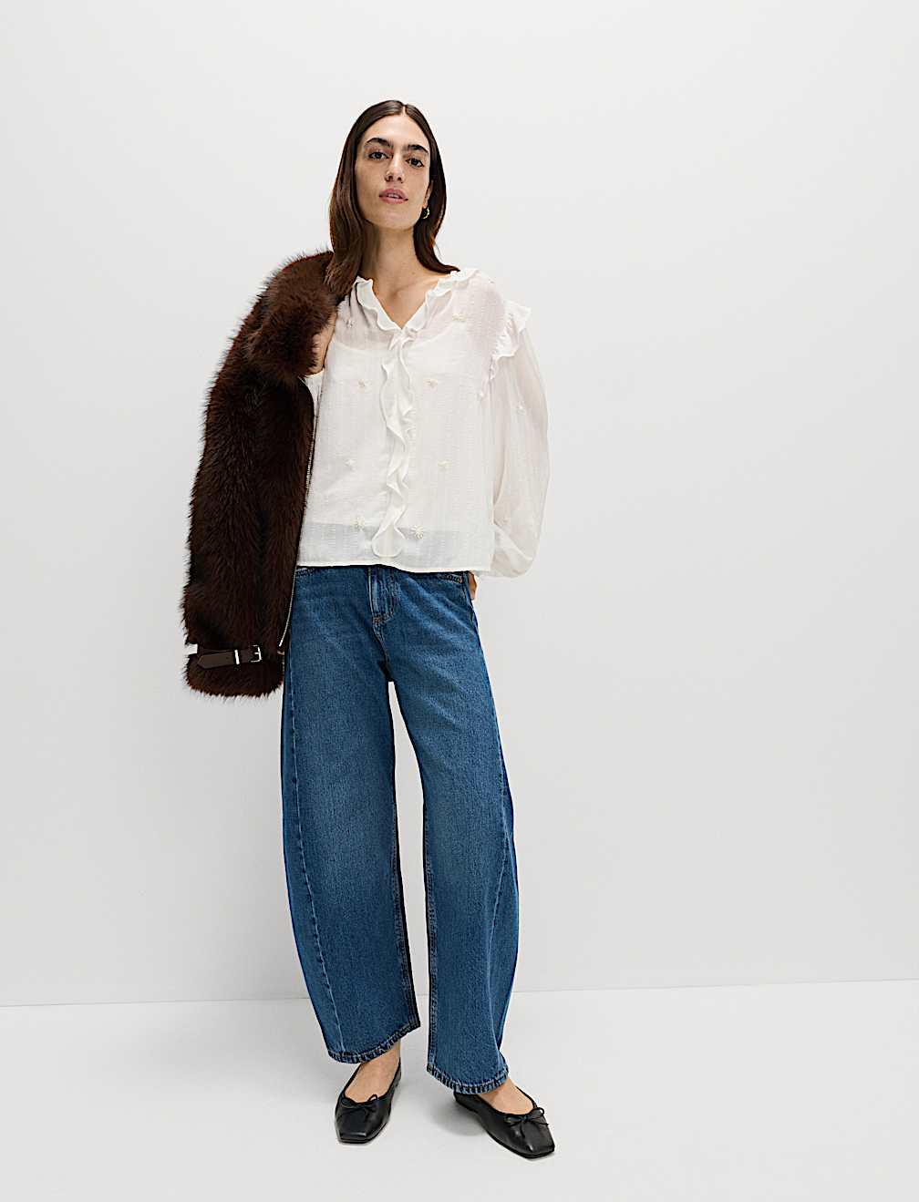 Embellished V-Neck Ruffle Long Sleeve Blouse