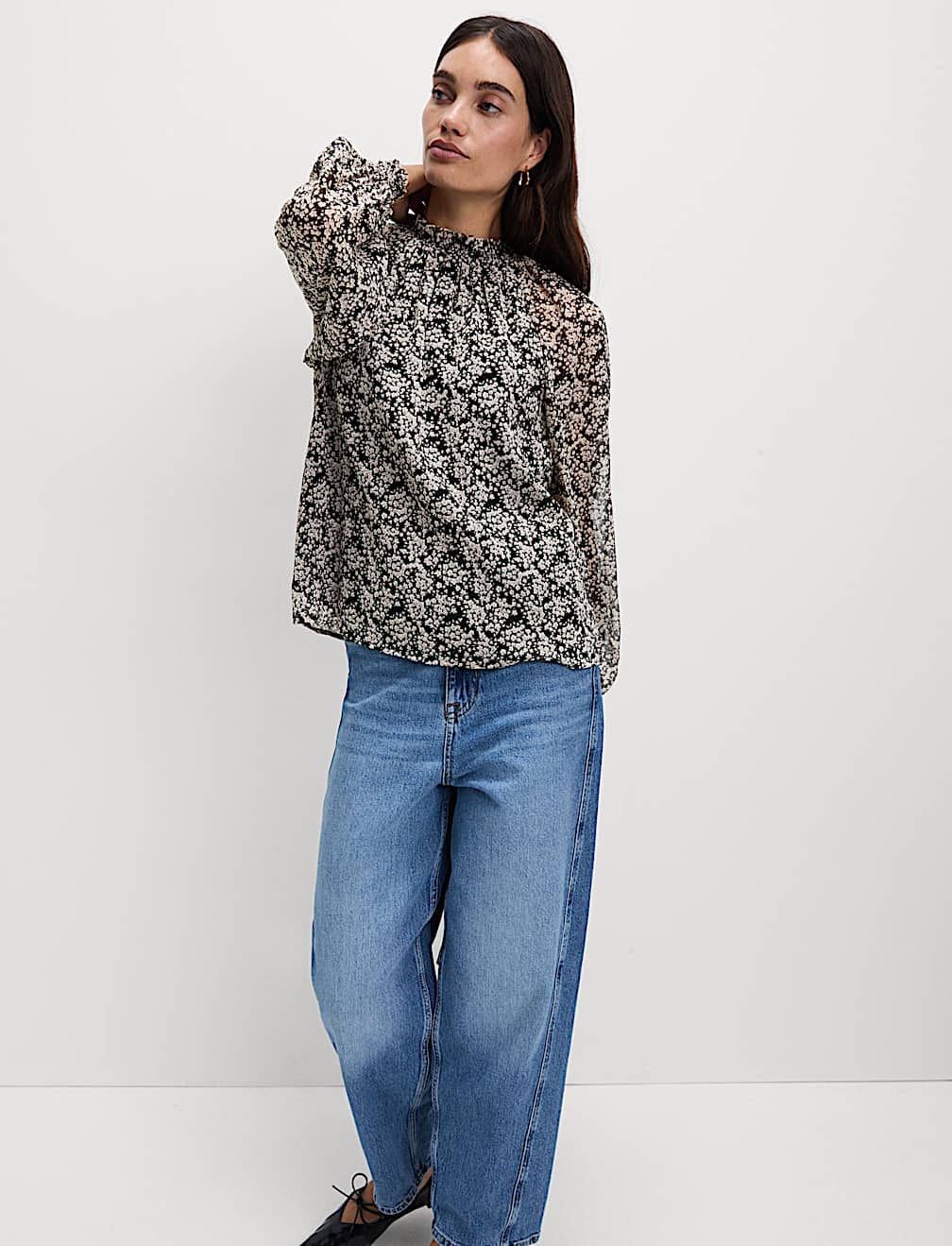 Sheer Floral Printed Long Blouson Sleeve Blouse