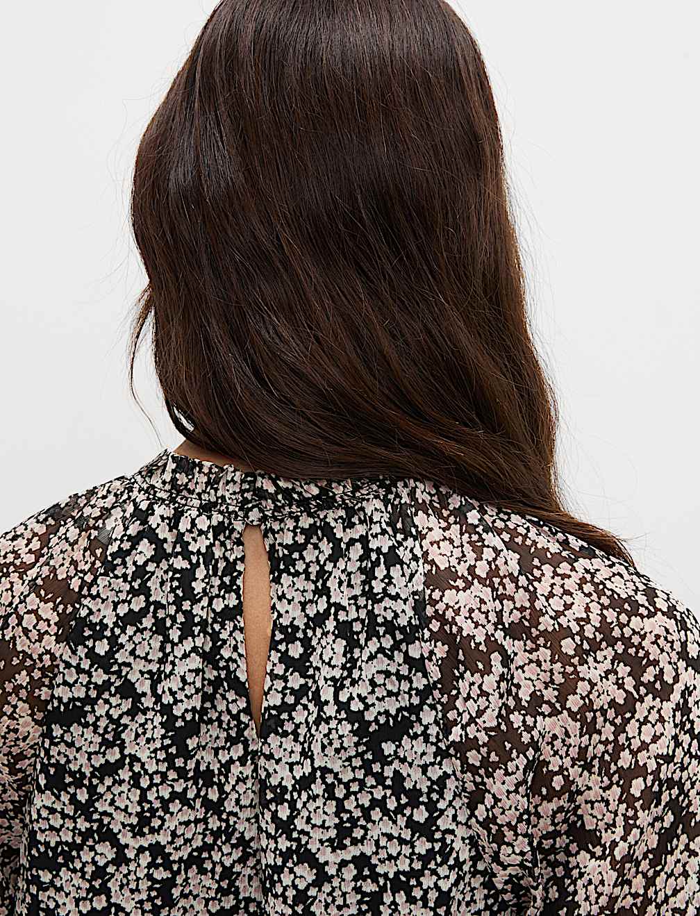 Sheer Floral Printed Long Blouson Sleeve Blouse