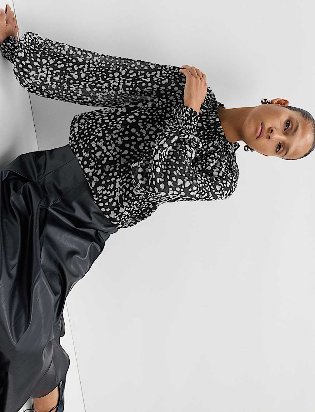 Sheer Floral Printed Long Blouson Sleeve Blouse