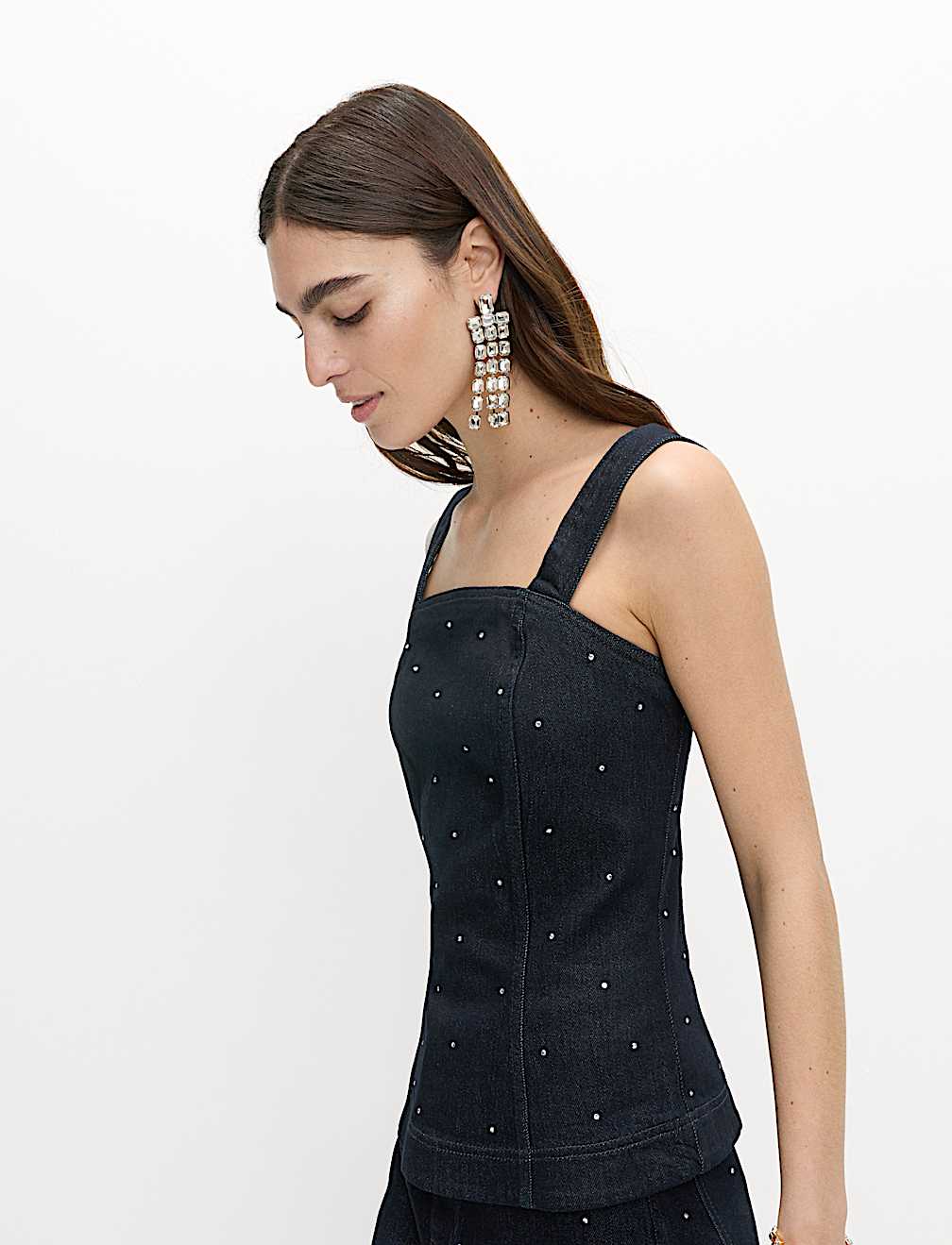 Cotton Rich Embellished Square Neck Denim Top