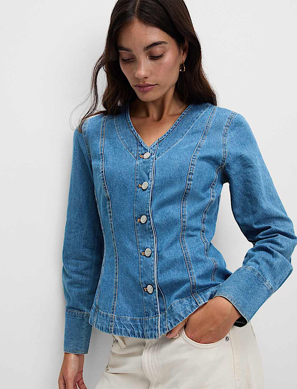 Pure Cotton Denim V-Neck Buttoned Slim Fit Shirt