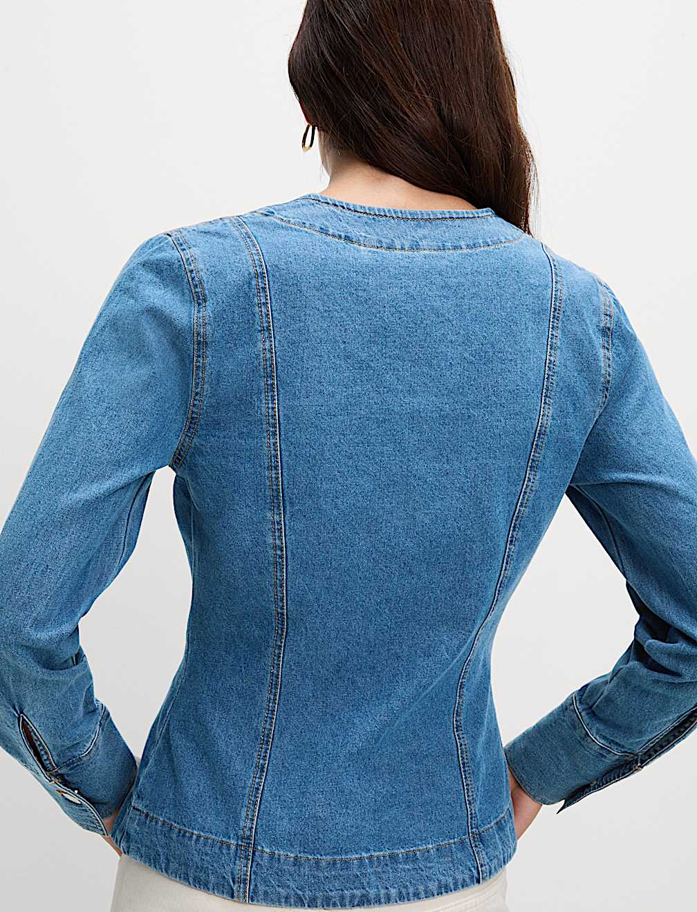 Pure Cotton Denim V-Neck Buttoned Slim Fit Shirt