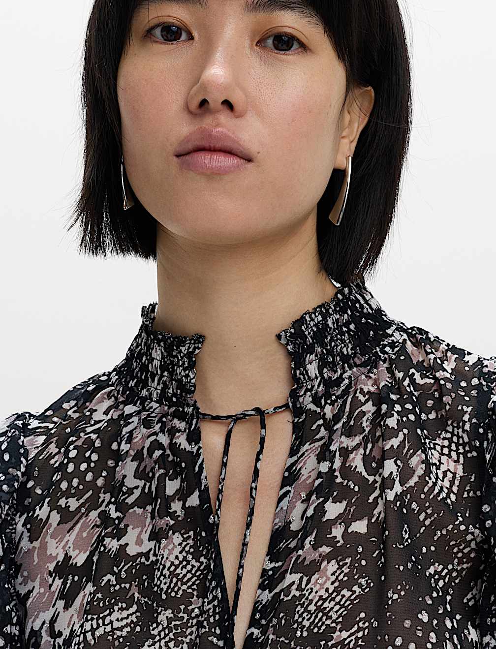 Printed Sparkly Shirred High Neck Ruffle Blouse