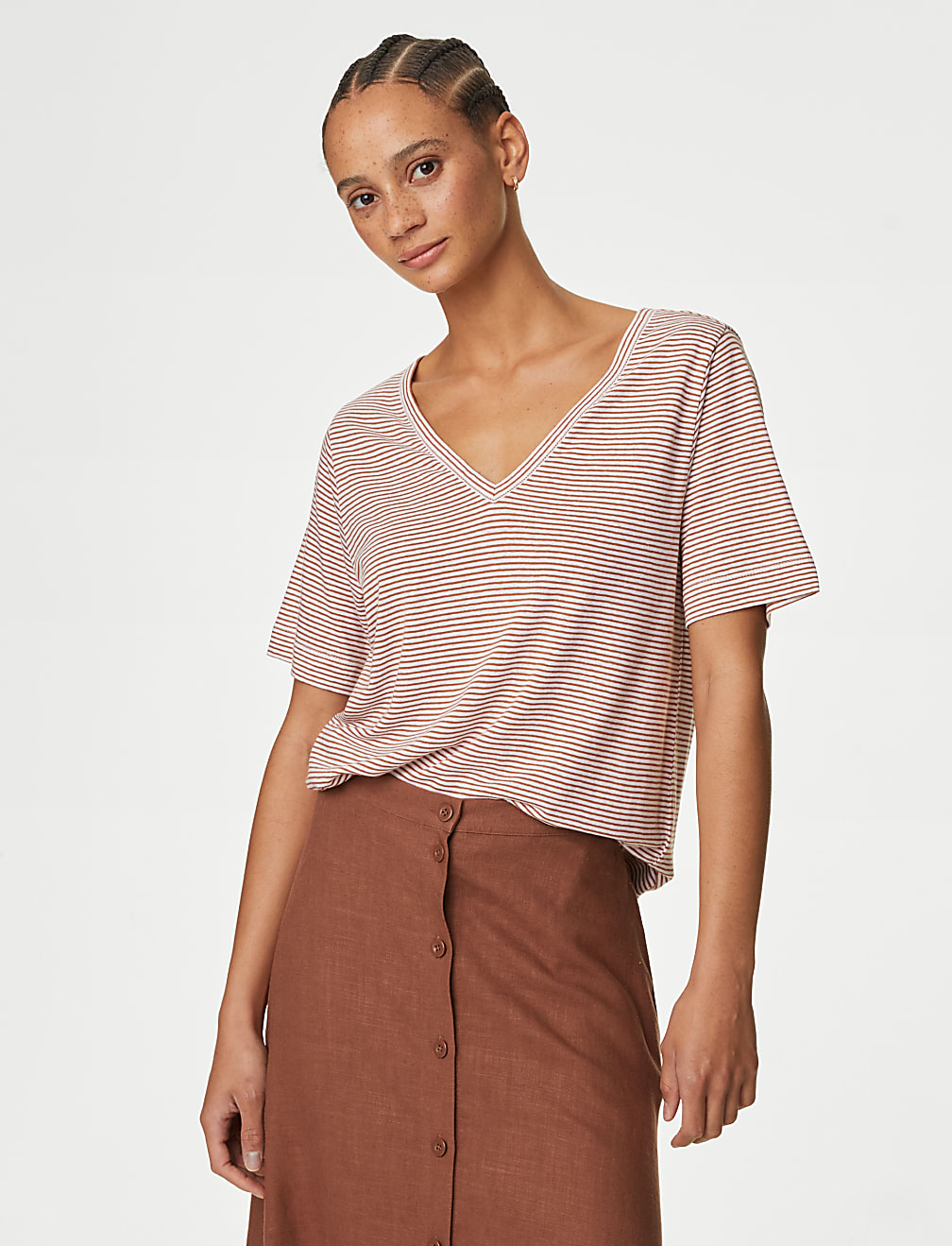 Linen Blend Striped V-Neck Top